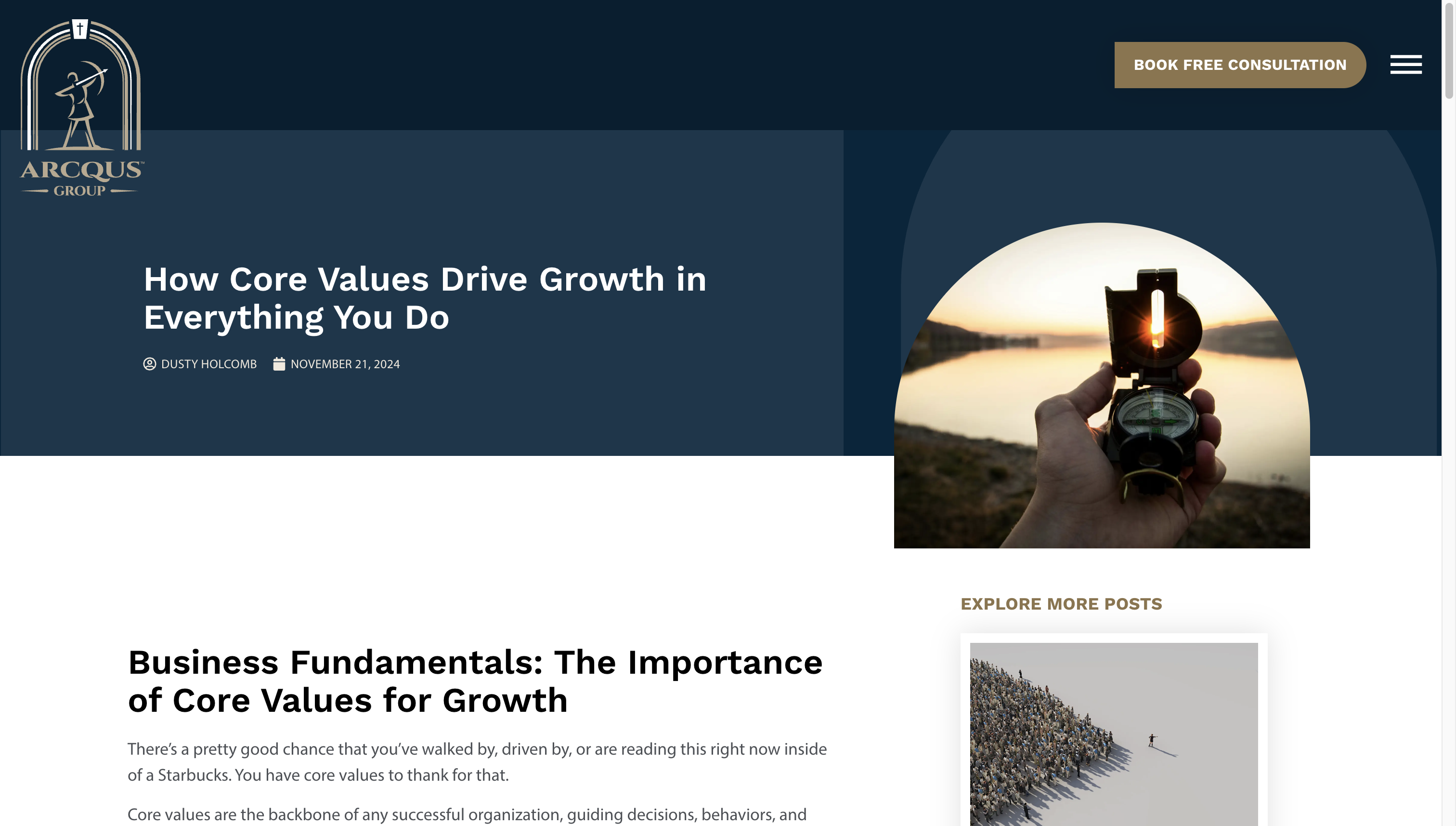 Screenshot of a thought-leadership blog on core values